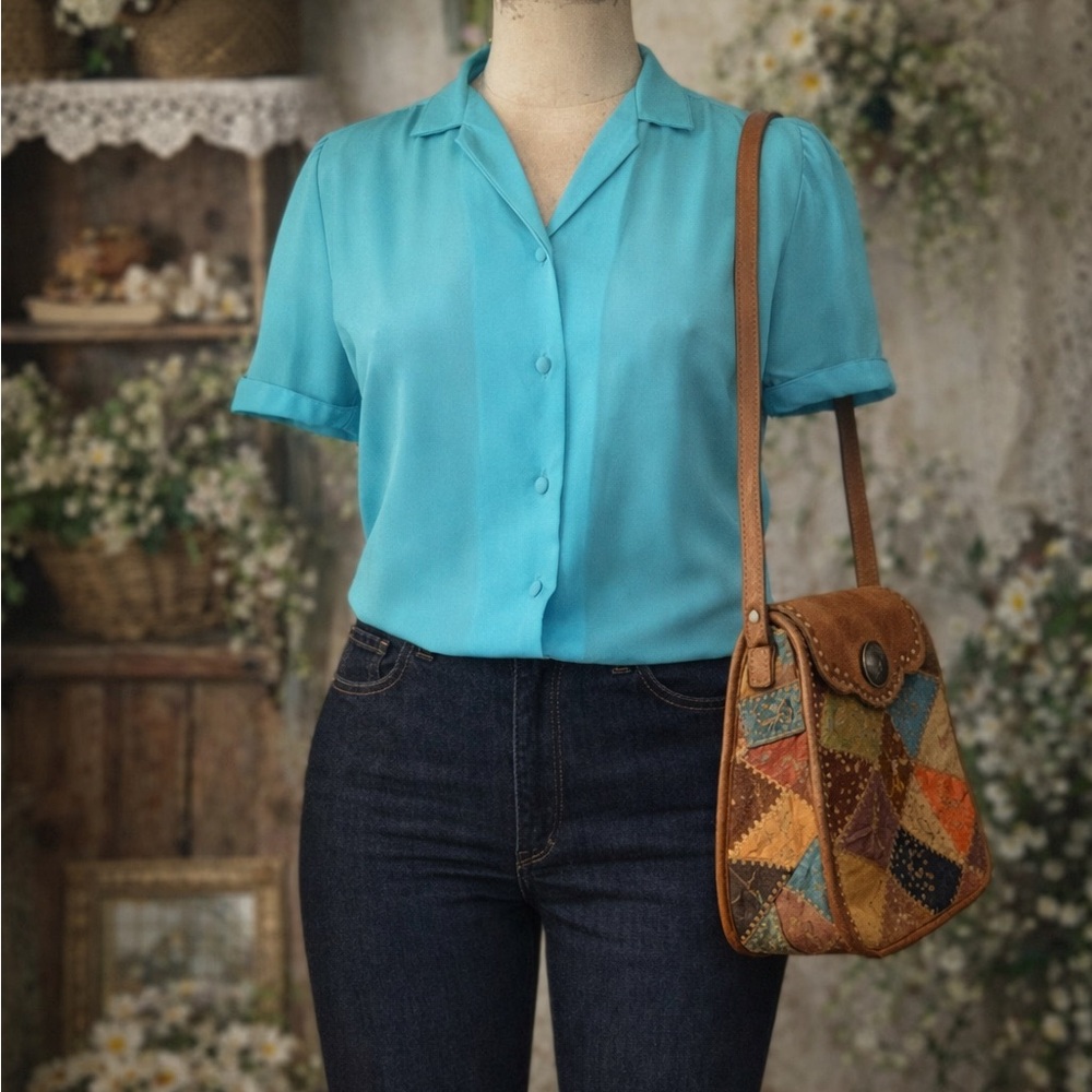Vintage Late 1970s / Early 1980s “Mariposa” Bright Blue Short Sleeve Button Down